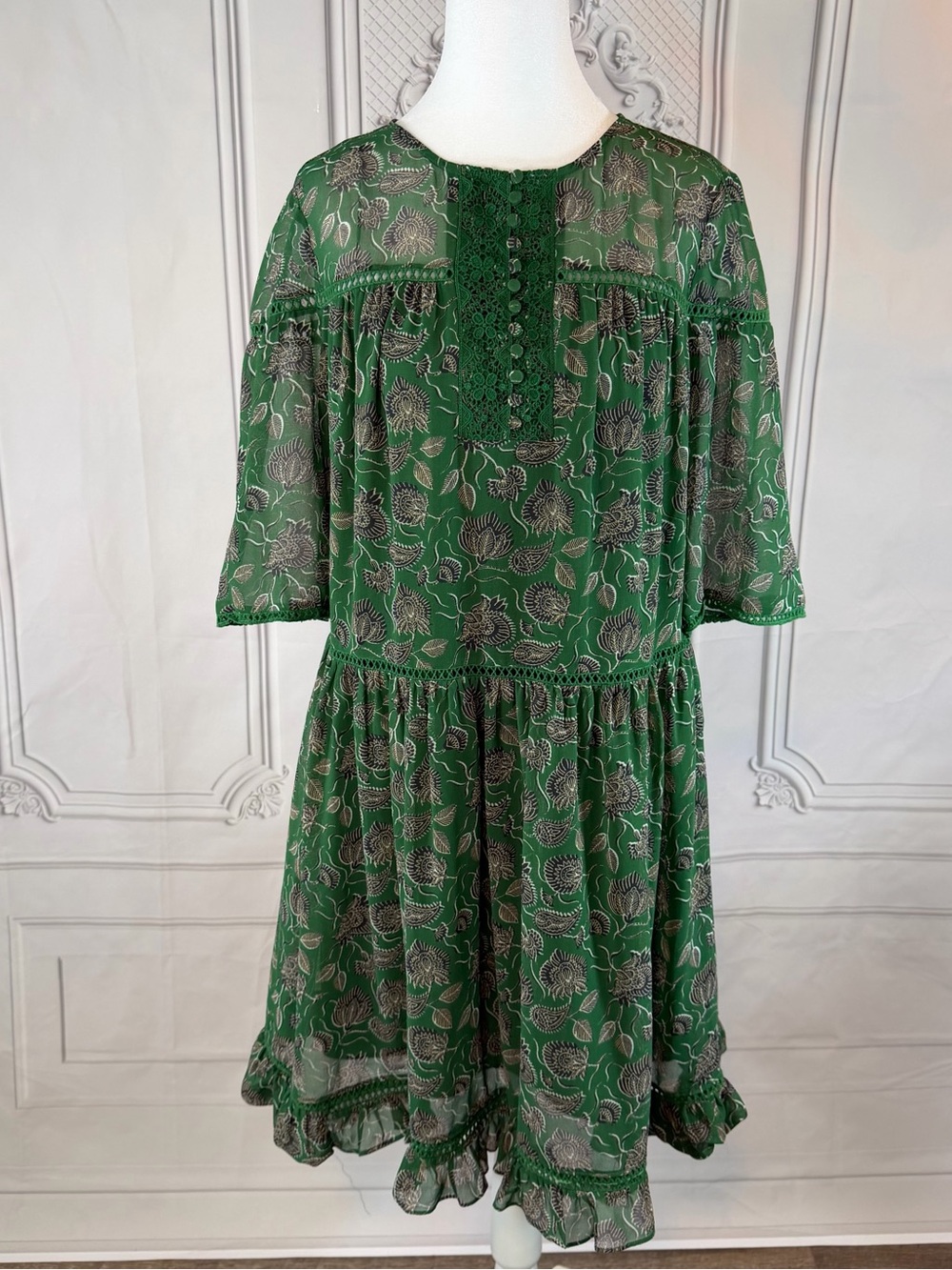 Rebecca Minkoff Green Paisley Chiffon Boho Dress Womens S Crochet Trim Festival
